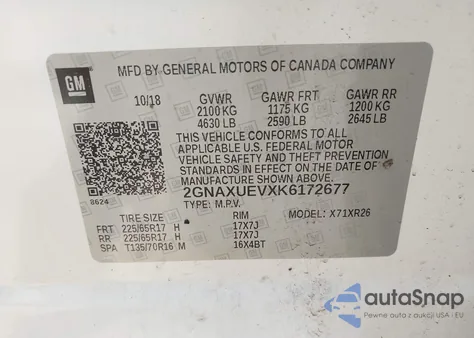 2019 Chevrolet Equinox Lt из США, поврежденный, VIN 2GNAXUEVXK6172677